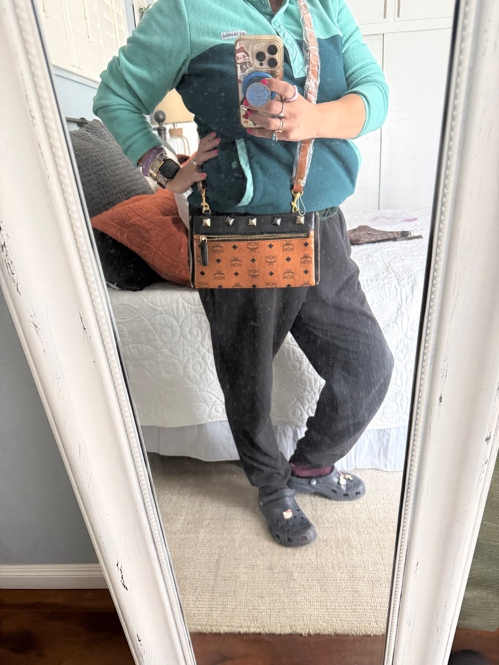 Cognac and Black Visetos Logo Crossbody with Gold Studs - Picture 4 of 5